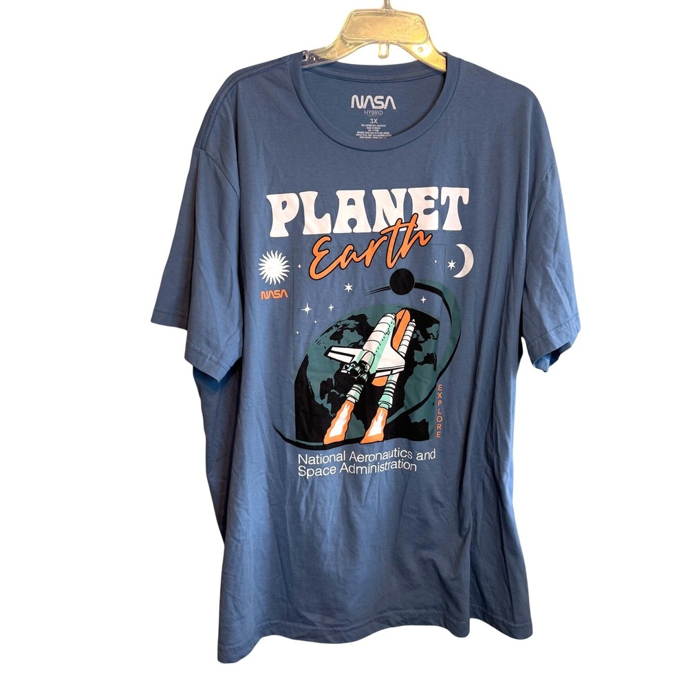 NASA Womens Planet Earth Space Shuttle Casual Graphic T-Shirt Blue Size 3X